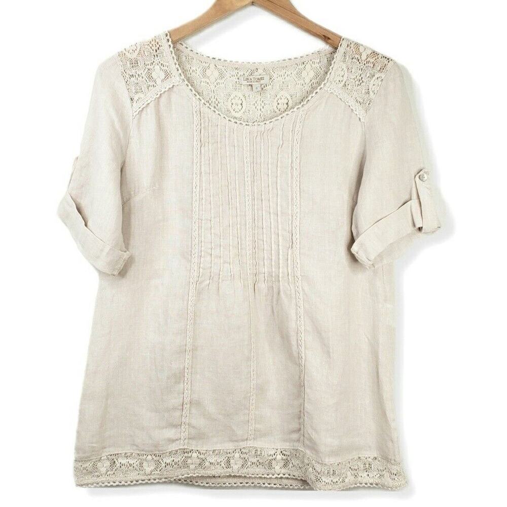 Lina Tomei Women Beige Linen Blouse Top S Crochet Lace Cottage Prairie Coastal